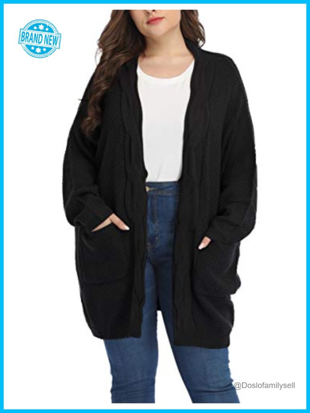 Plus Size Oversized Open Front Cardigan Cable Knit Patch Pockets Long